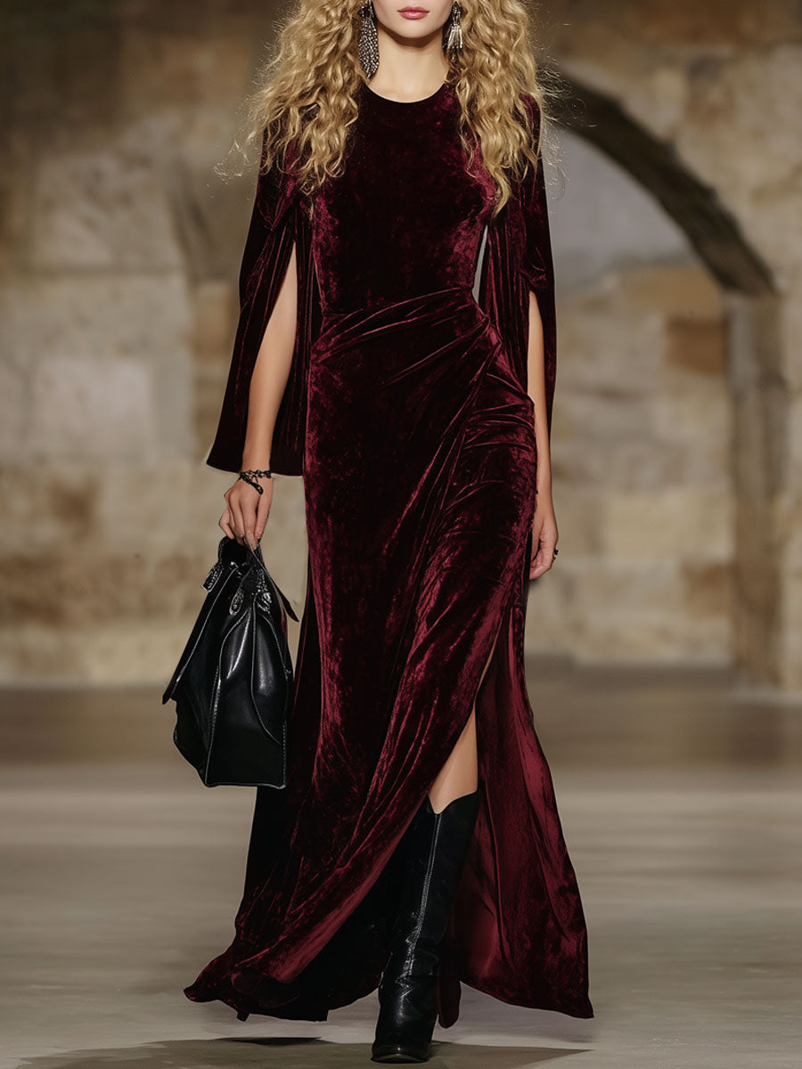 Fashion Retro Wine Red Velvet Long-Sleeved Slit Maxi Dress