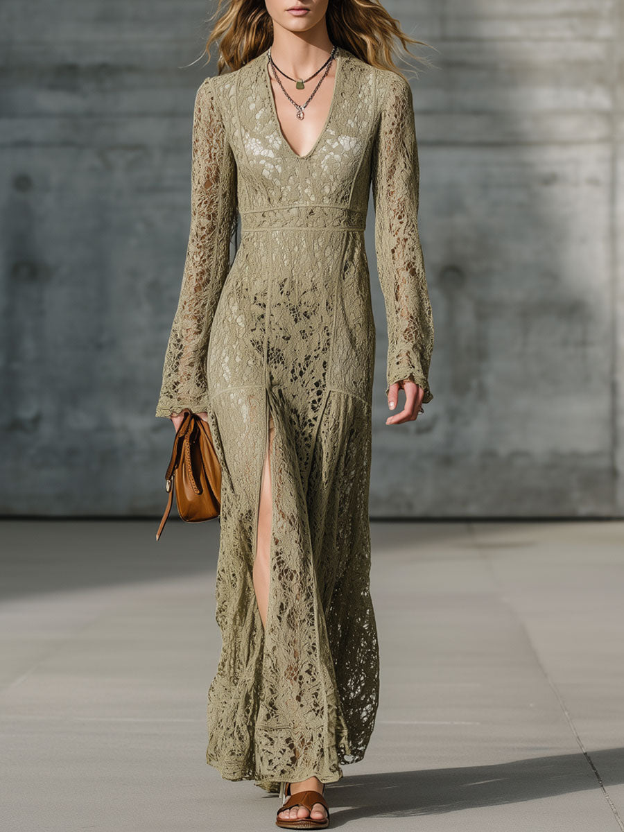 Fashion Retro Olive Green Lace V-Neck Long-Sleeved Slit Maxi Dress
