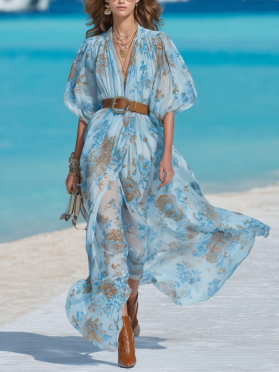 V-neck Resort-style Chiffon Printed Maxi Dress