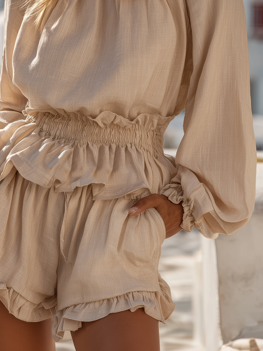 Resort Casual Beige Cotton And Linen Shorts Set With Ruffle Trim