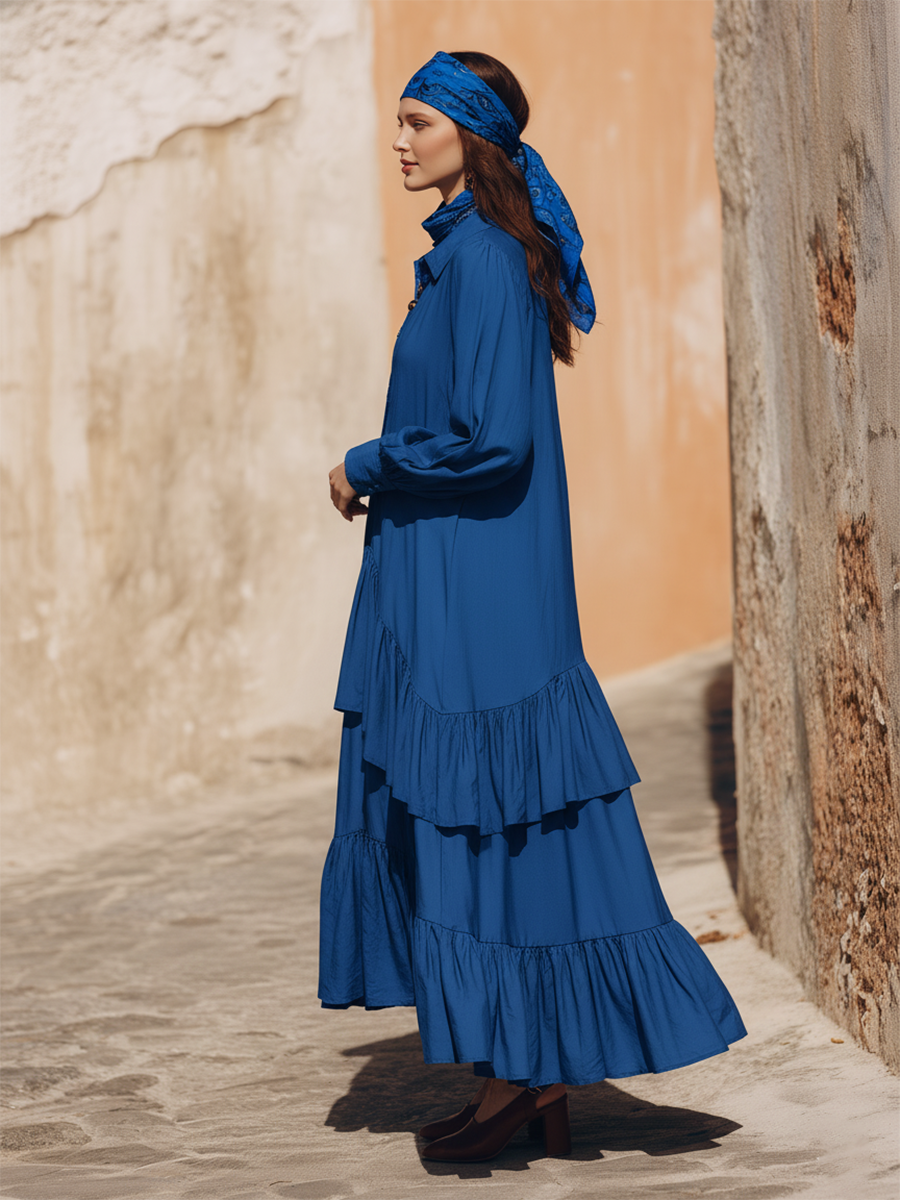 Loose-fitting Bohemian-style Ruffled Hem Royal Blue Cotton Maxi Dress