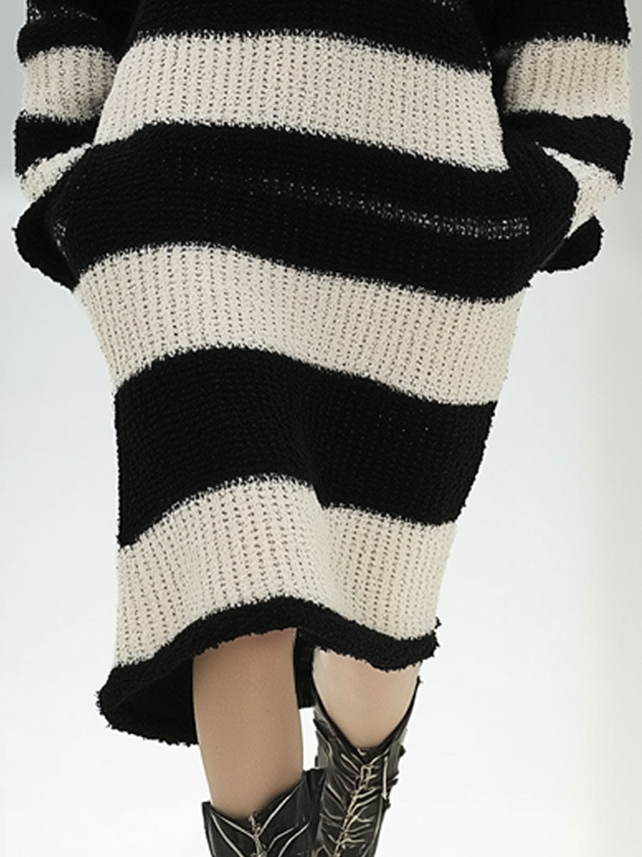 Retro Casual Loose Black And White Striped Knitted Hooded Pocket Midi Dress