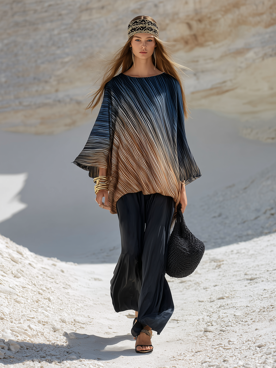 Retro Vacation-style Printed Satin Long-sleeved Pleated Top And Wide-leg Pants Set