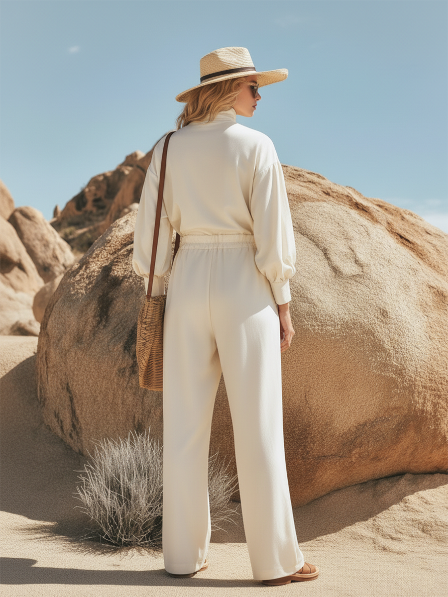 Resort-style Cotton Turtleneck Long-sleeved Trouser Set