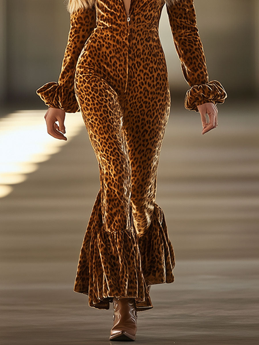 Vintage Caramel Leopard Velvet Lantern Sleeve Ruffle Jumpsuit