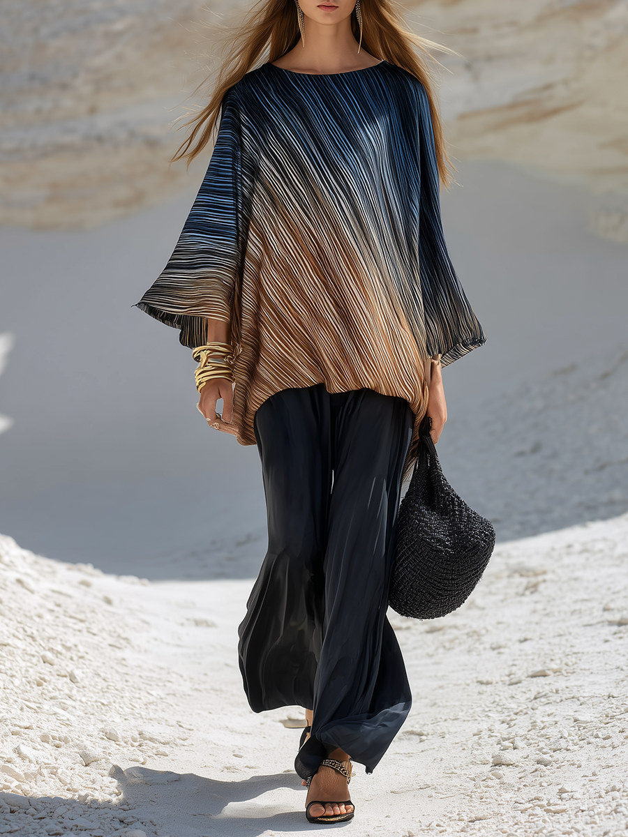 Retro Vacation-style Printed Satin Long-sleeved Pleated Top And Wide-leg Pants Set