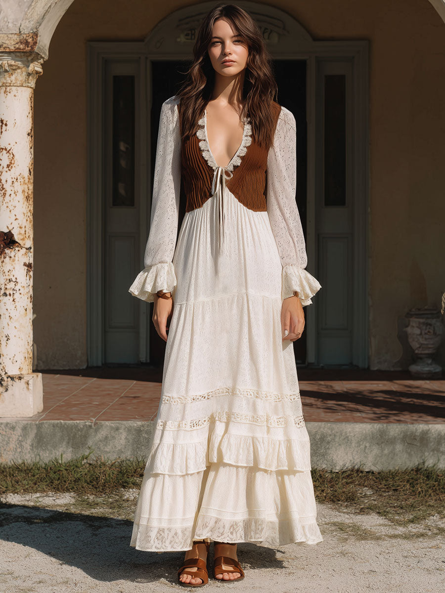 Retro Bohemian Brown Knitted Striped White Lace Cake Maxi Dress