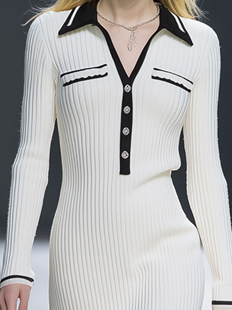 Elegant Lapel Black And White Contrast Knitted Midi Dress