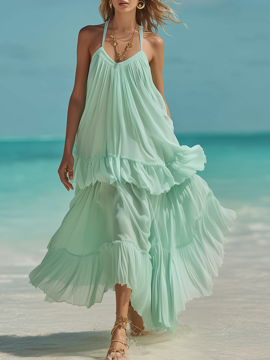 Vacation-style Mint Green Strappy Chiffon Maxi Dress
