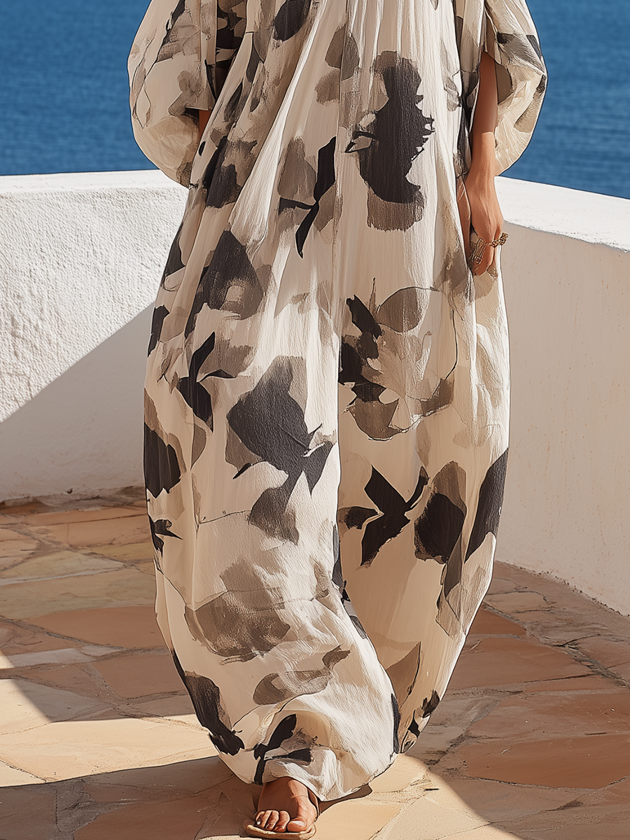 Loose Vacation Black Printed Maxi Dress