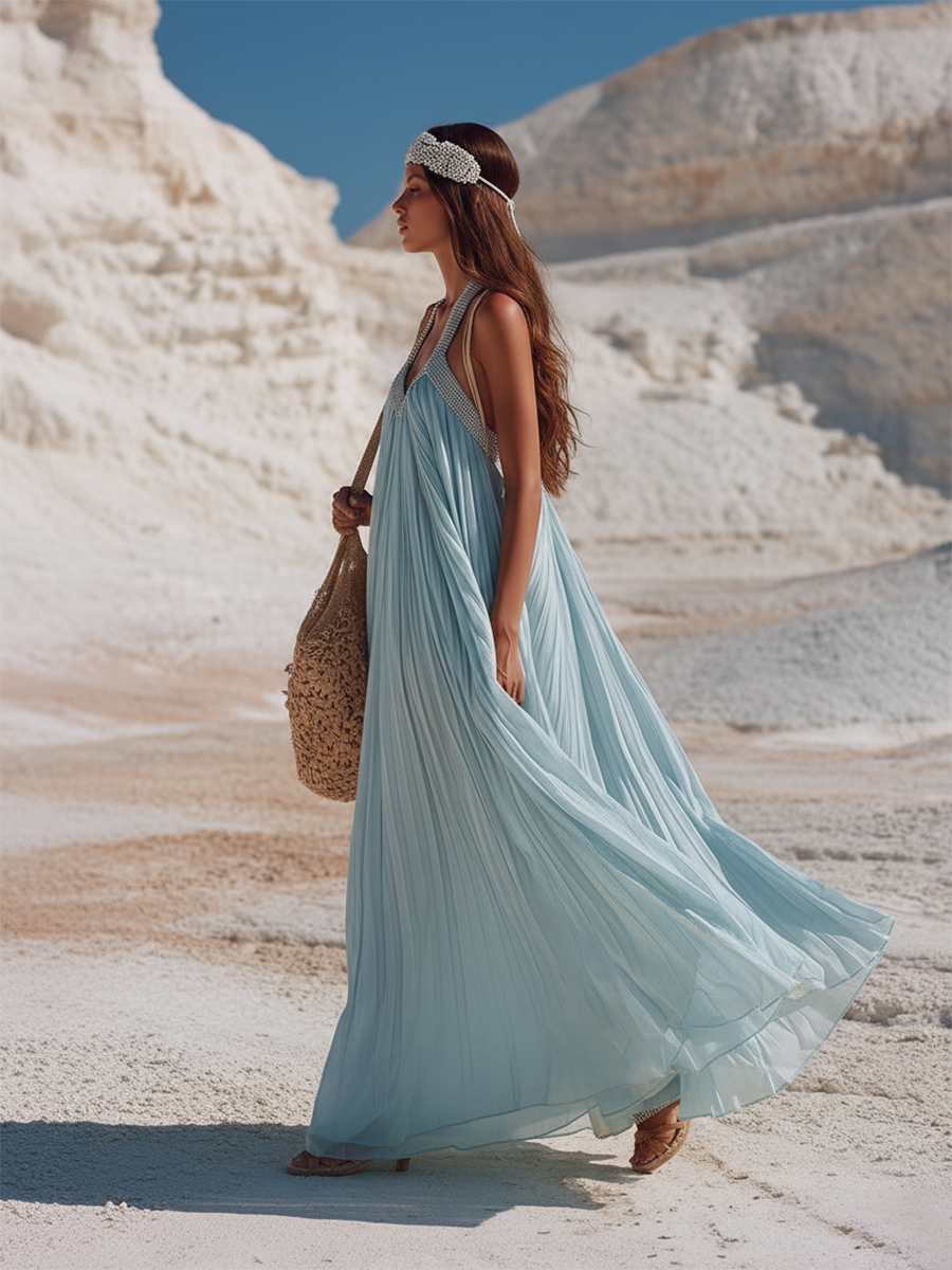 Romantic Vacation Style Silver-trimmed Neckline Pleated Hem Chiffon Maxi Dress