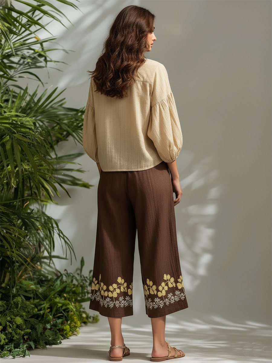 Bohemian Style Long-sleeved Embroidered Pants Set