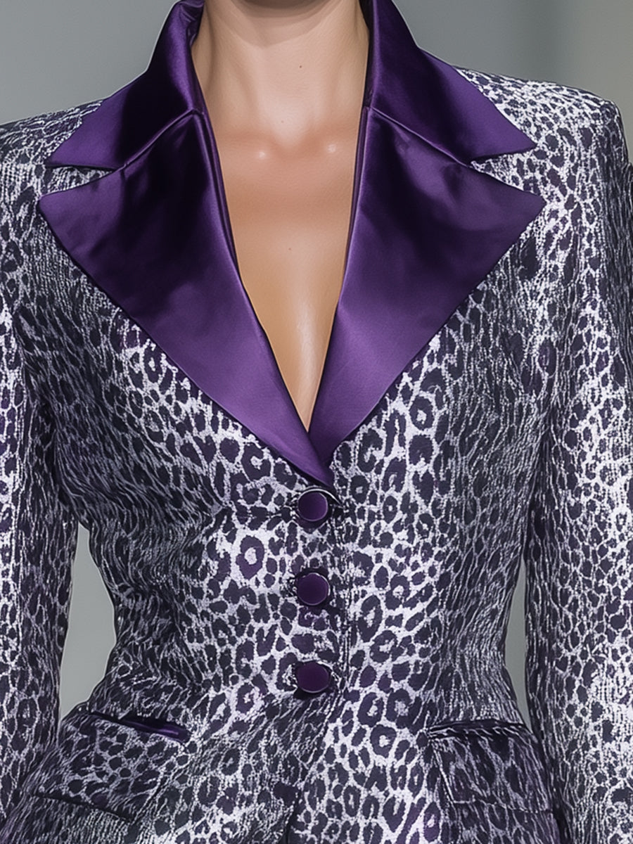 Silver Leopard Print And Purple Button-down Blazer
