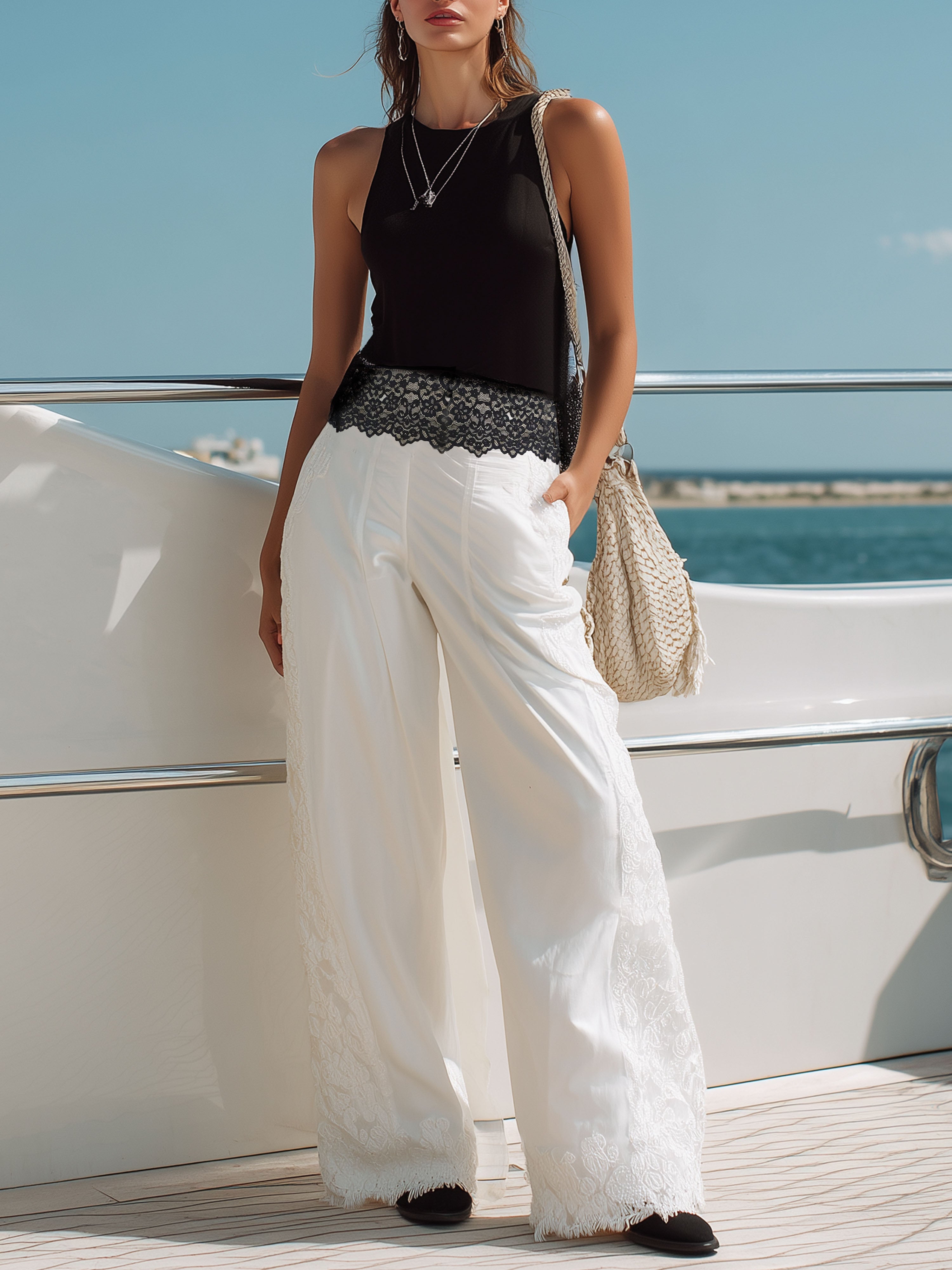 Elegant Vacation-Style Black Lace-Trimmed Top And White Trousers Set