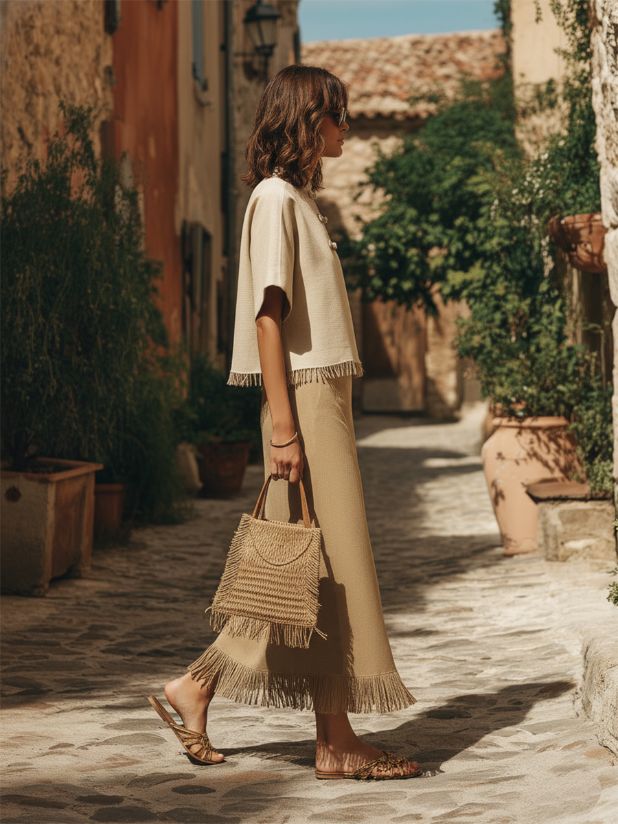 Bohemian Style Tassel Short-sleeved Top And Skirt Set