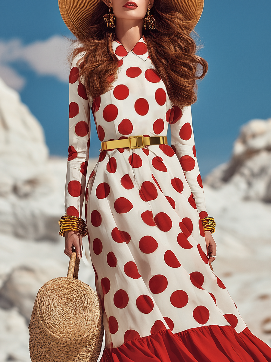Classic Holiday Red Polka Dot Lapel Chiffon Maxi Dress