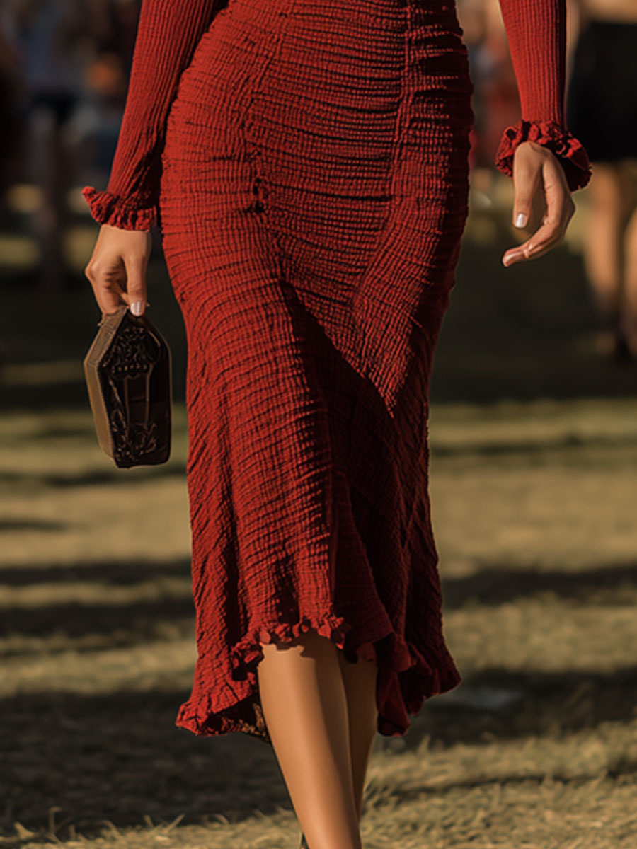 Retro Square Neck Ruffle Red Knit Long Sleeve Midi Dress