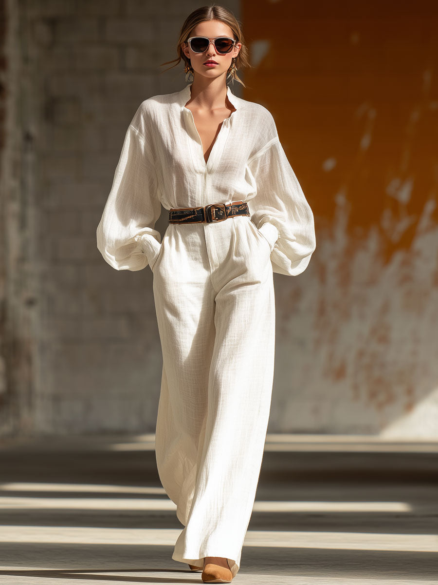 Vintage White Cotton And Linen Lantern Long-Sleeved Lace-Up Wide-Leg Jumpsuit