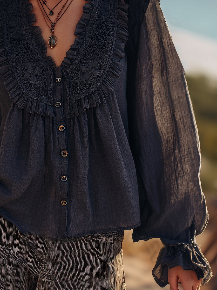 Bohemian Casual Navy Blue Cotton Linen V-neck Loose Shirt