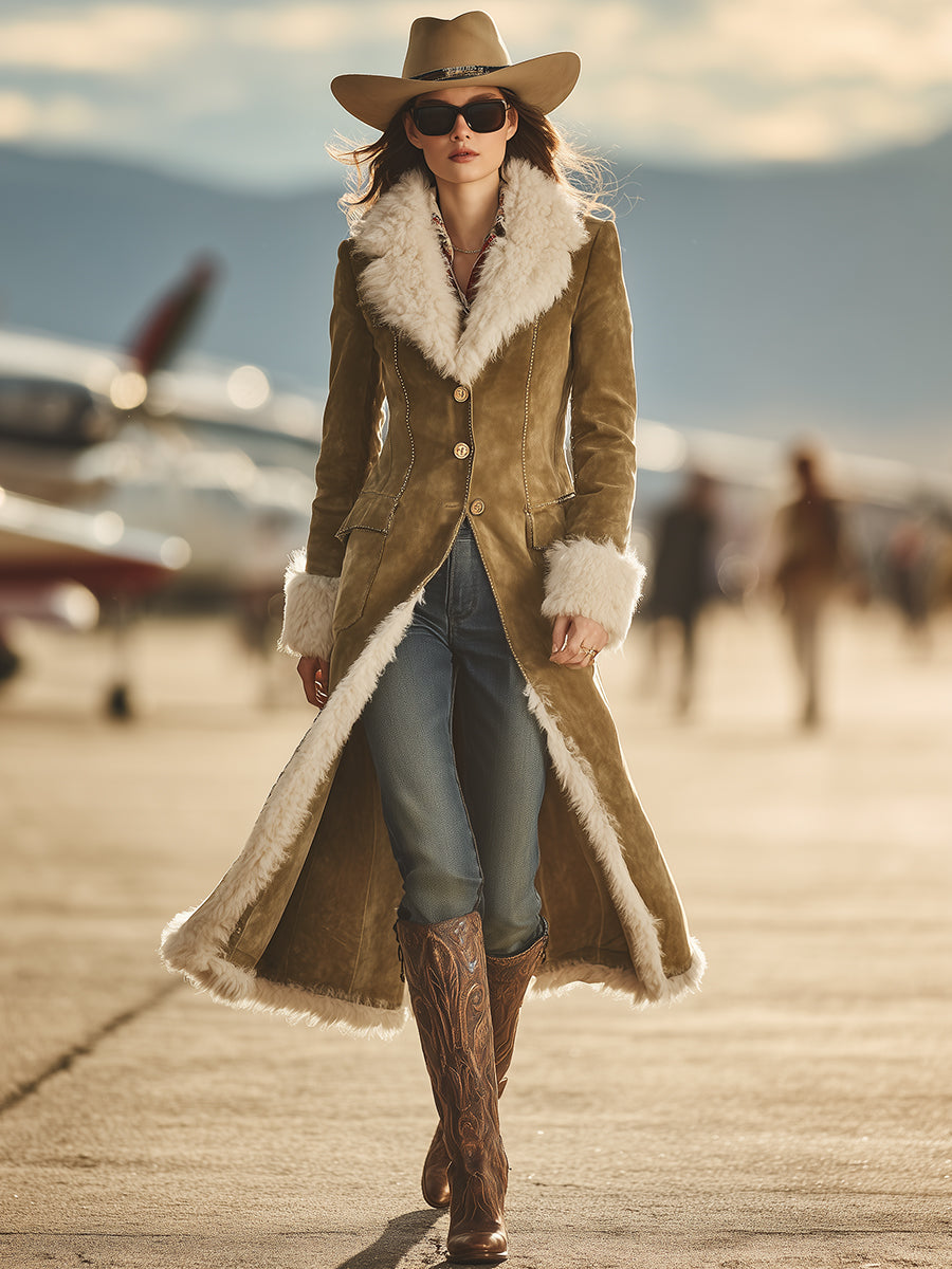 Vintage Western Faux Fur Trim And Buttons Brown Faux Suede Coat