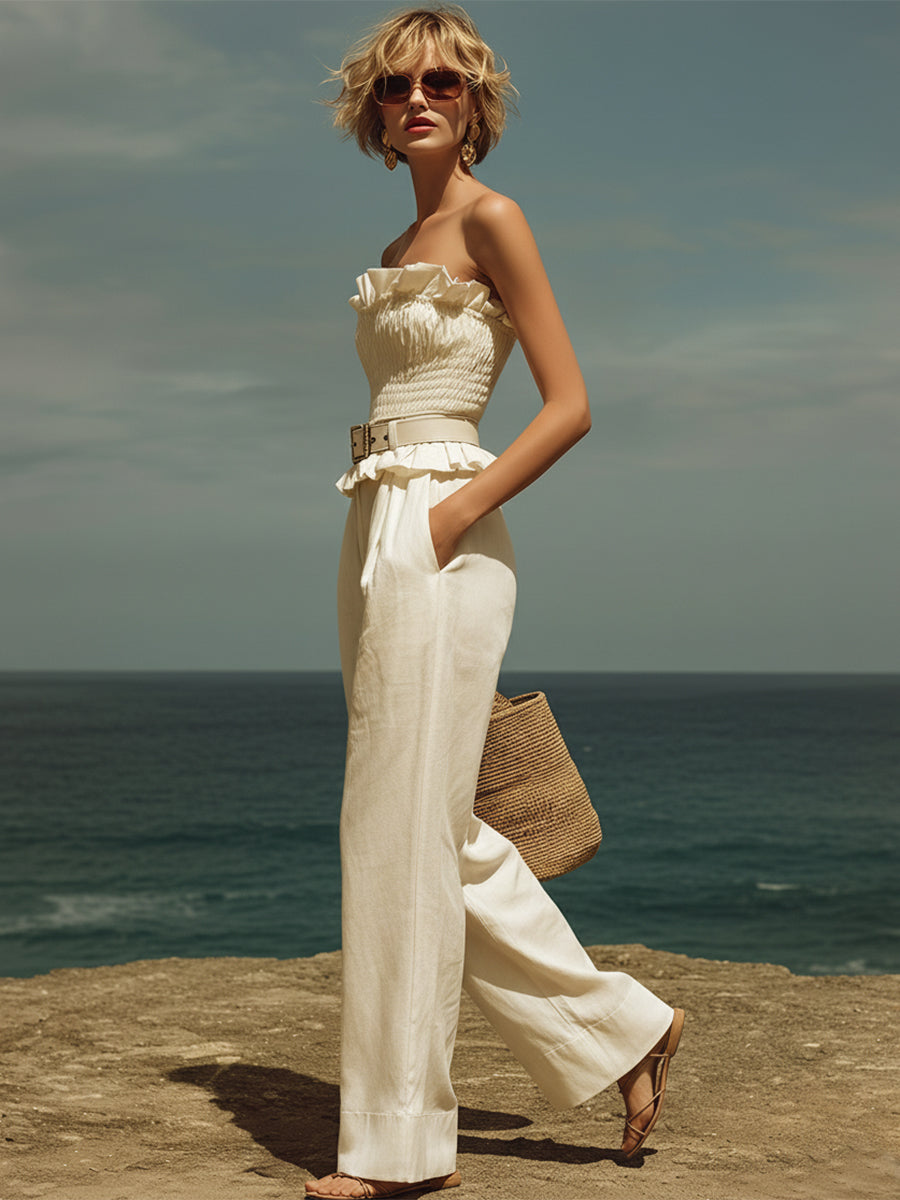 French Minimalist Off-white Cotton Linen Strapless Top And Wide-leg Pants Set