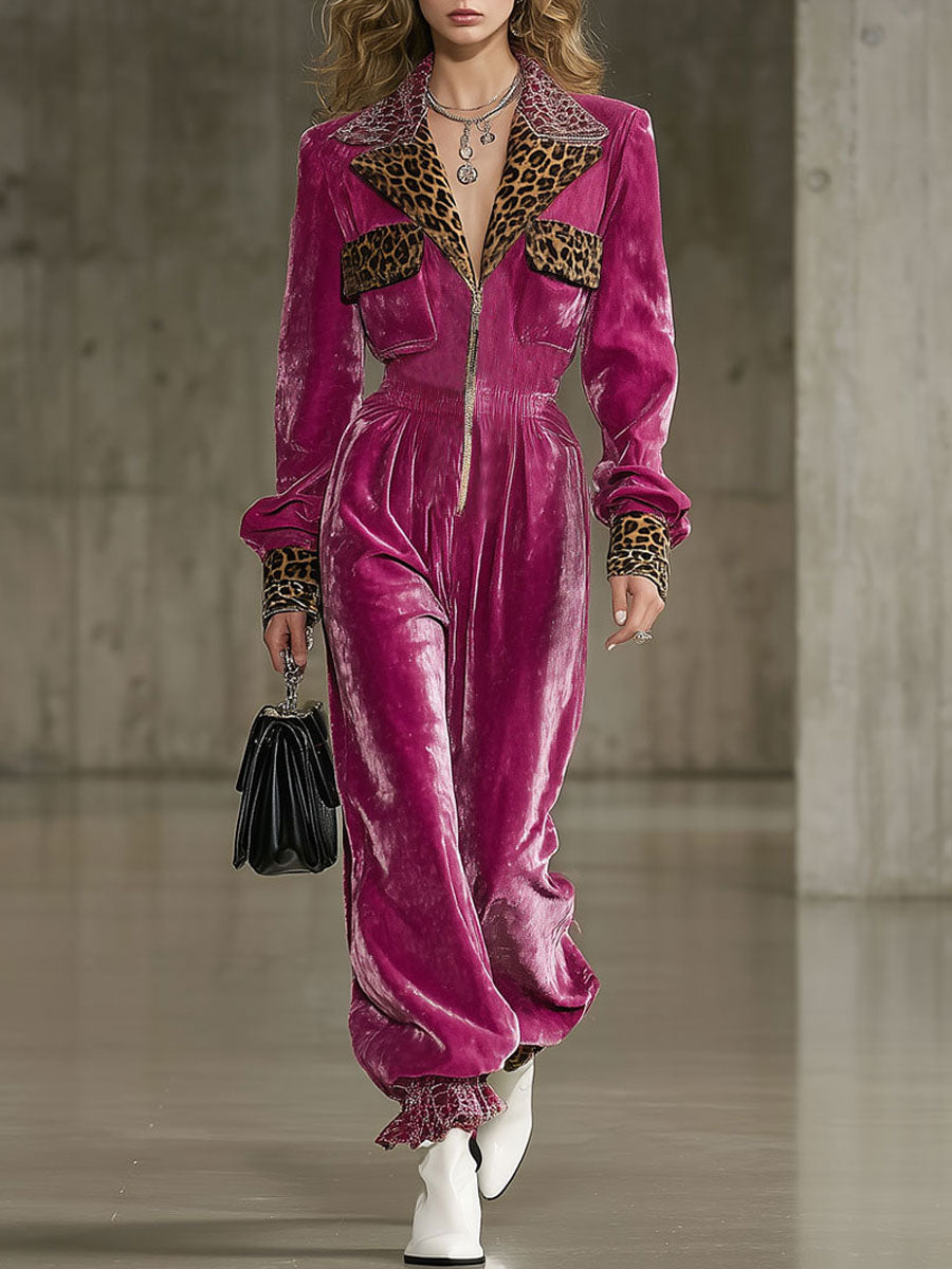 Casual Fashion Retro Leopard Print Rose Red Velvet Jumpsuit