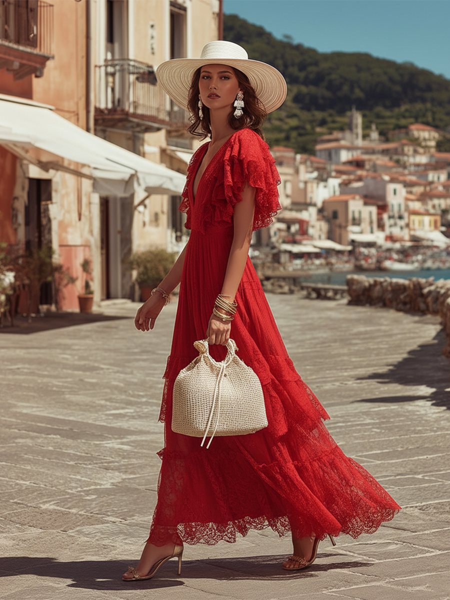 Romantic V-neck Short-sleeved Ruffled Red Lace Maxi Dress