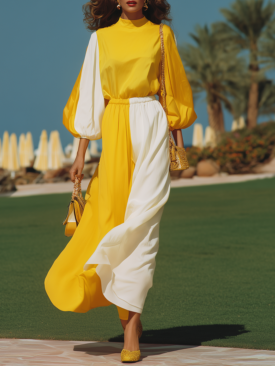 Vacation-style Chiffon Color-block Long-sleeved Maxi Dress