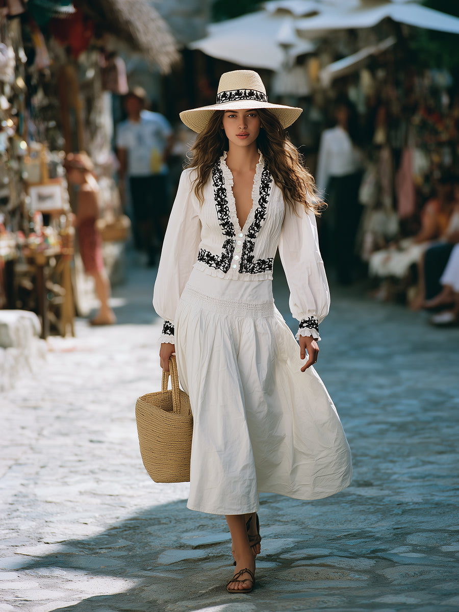 Romantic Bohemian Style Black Embroidered Top With Ruffled Neckline And Matching Skirt Set