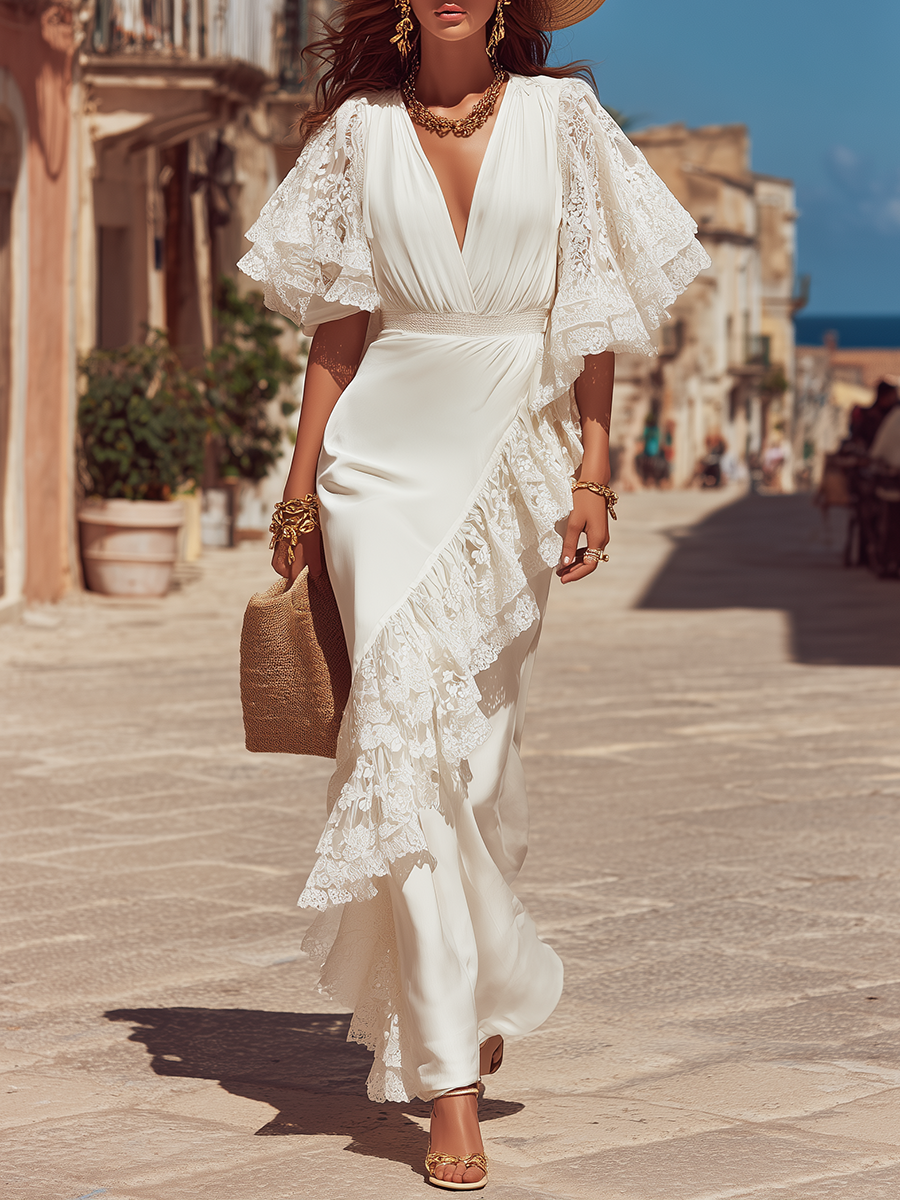 Elegant Cocktail Party V-neck Lace-paneled Short-sleeved Satin Maxi Dress