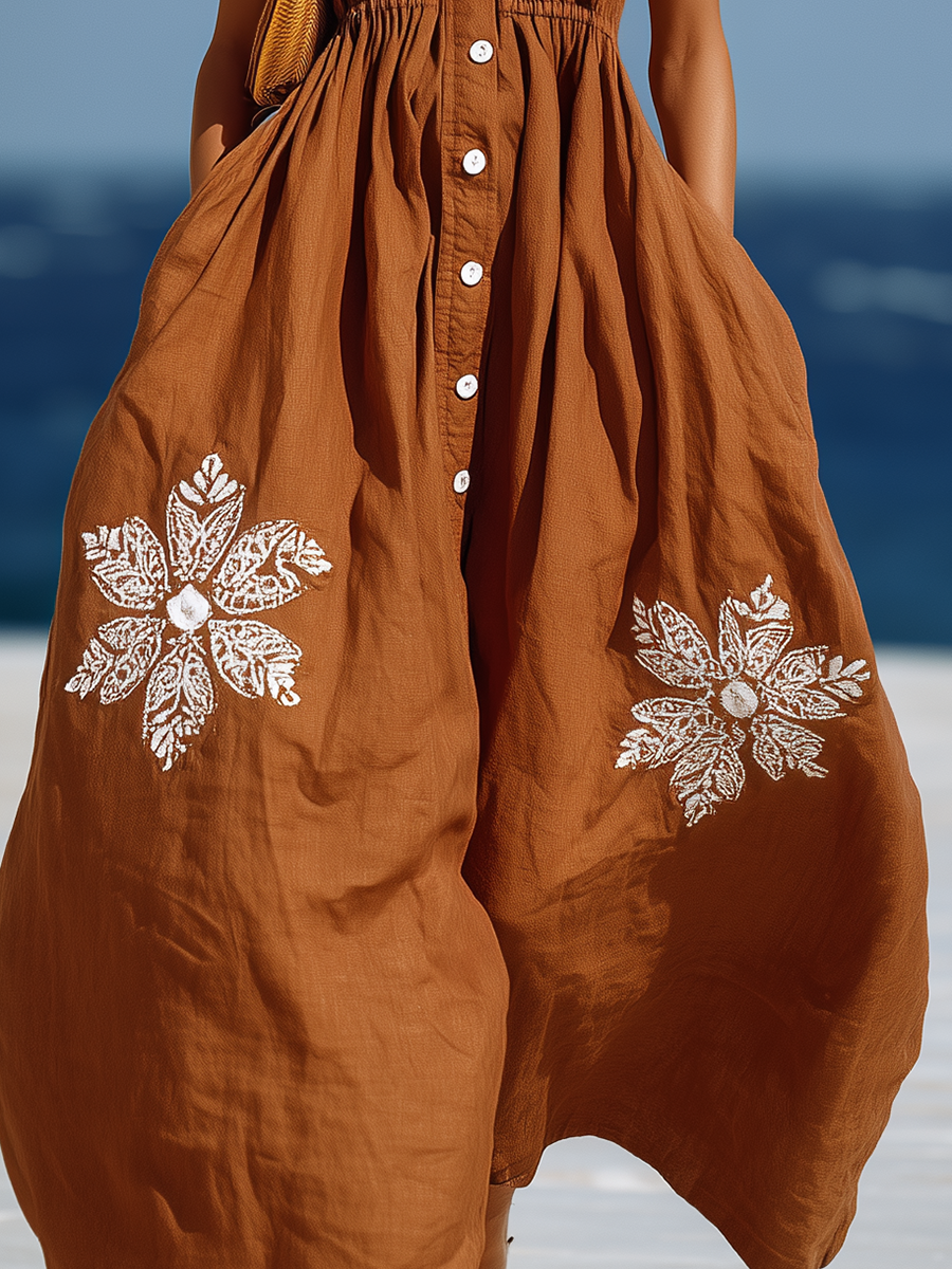 Bohemian Style Brown Strappy Embroidered Maxi Dress