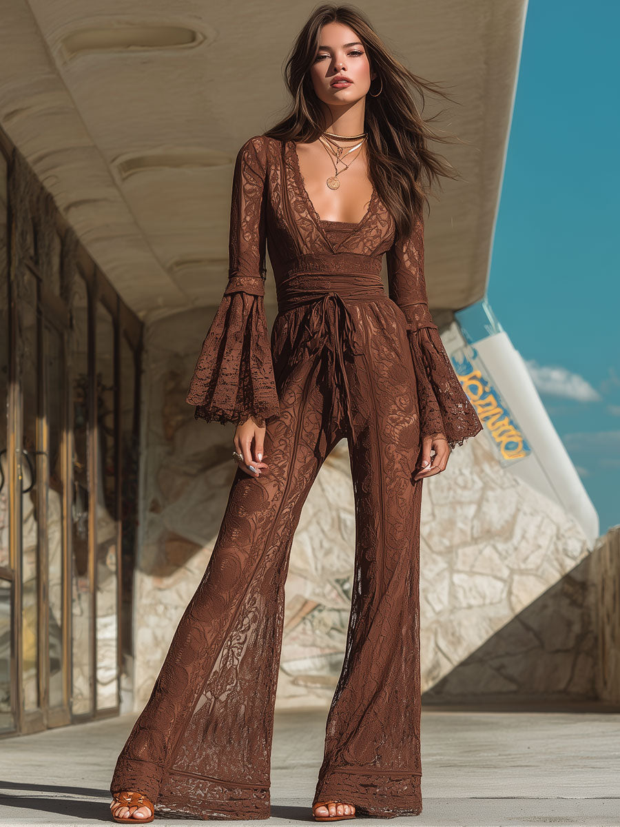Retro Elegant Brown Lace Long Sleeve Flared Jumpsuit
