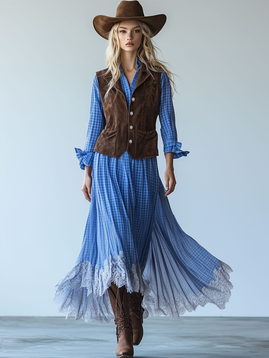 Casual Vintage Blue Plaid Lace Trim Long Sleeve Maxi Dress