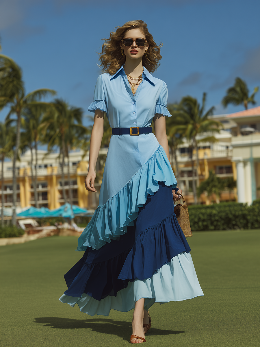 Vacation-style Cotton Short-sleeved Patchwork Maxi Dress