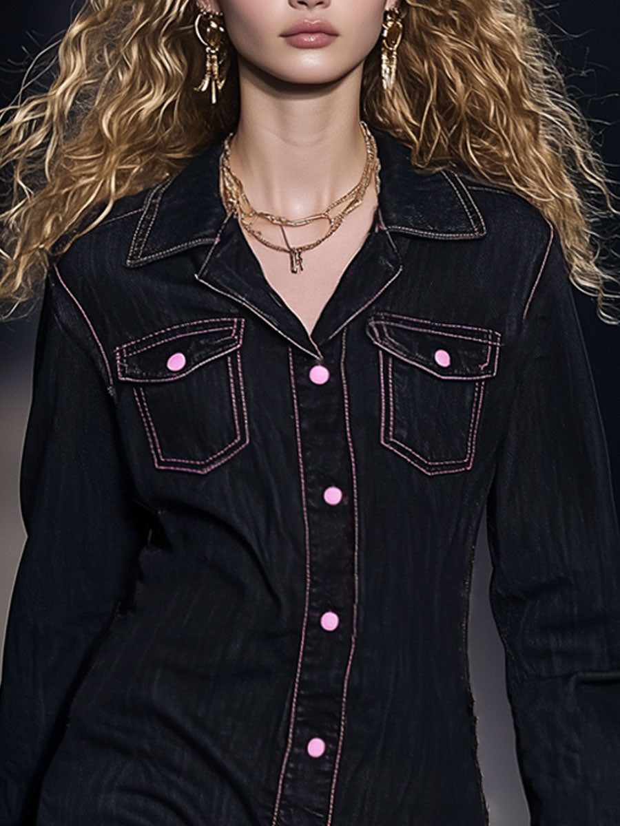 Retro Fashion Black Washed Denim Pink Topstitch Lace Design Lapel Mini Dress