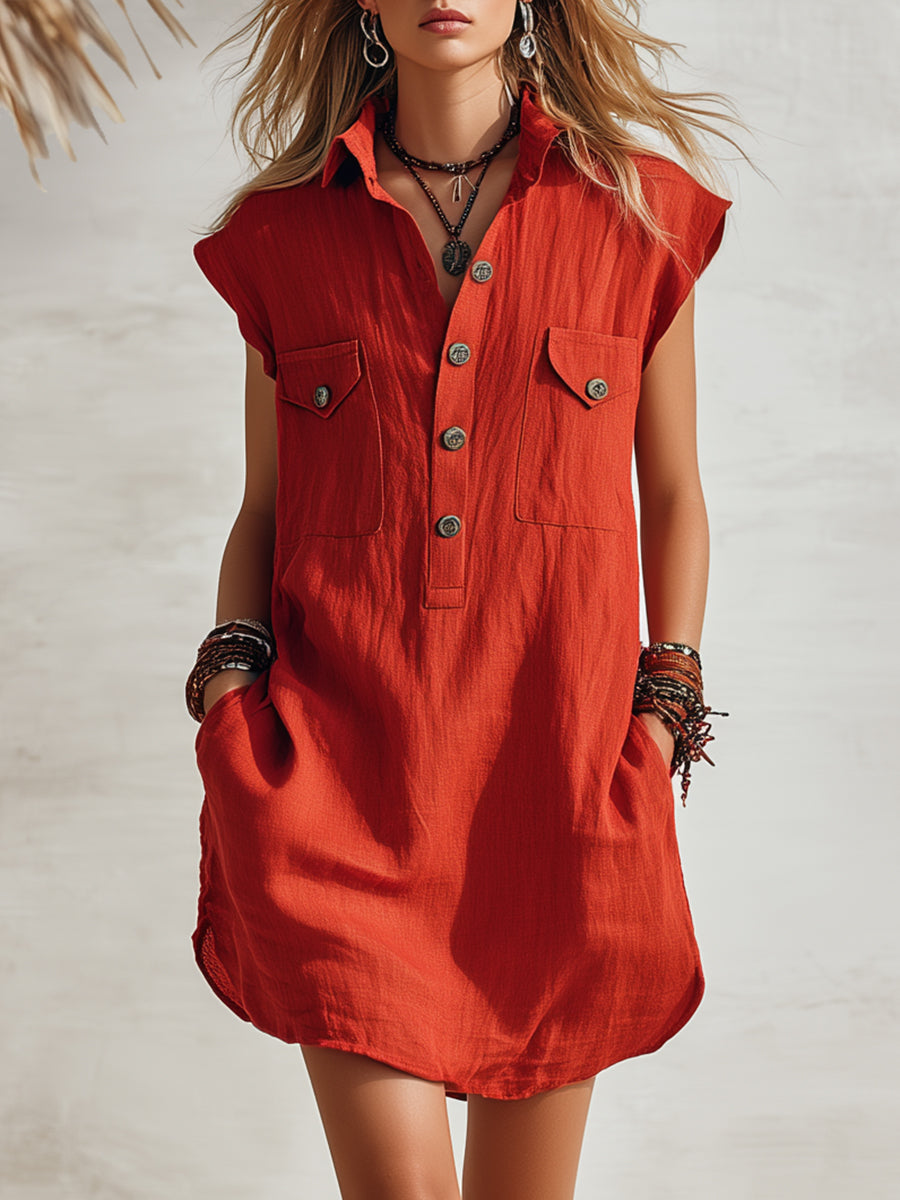 Bohemian Coast Red Cotton Linen Button-Down Sleeveless Mini Dress