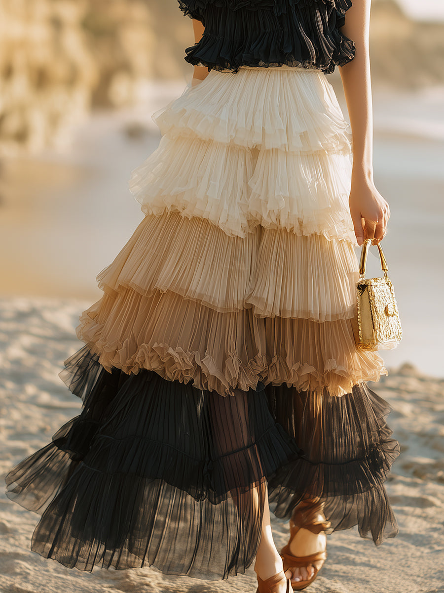 Glamorous Party Black And Beige Color-blocked Pleated Multi-layered Ruffled Midi Dress