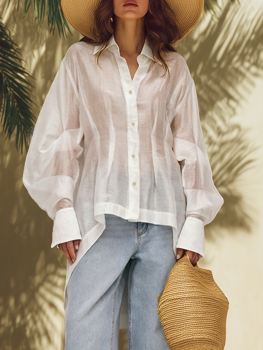Stylish Sheer Irregular Hem White Long-sleeved Shirt