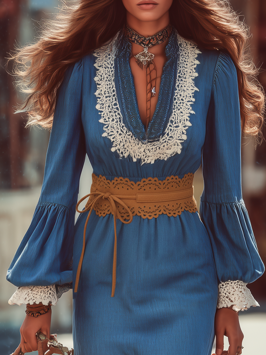 Romantic Bohemian White Lace Patchwork And Blue Tencel Maxi Dress