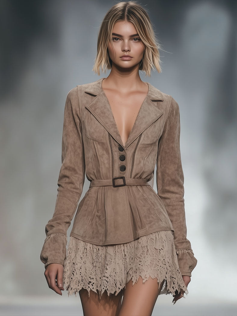 Retro Fashion Light Brown Faux Suede Stitching Lace Waist Long-Sleeved Mini Dress