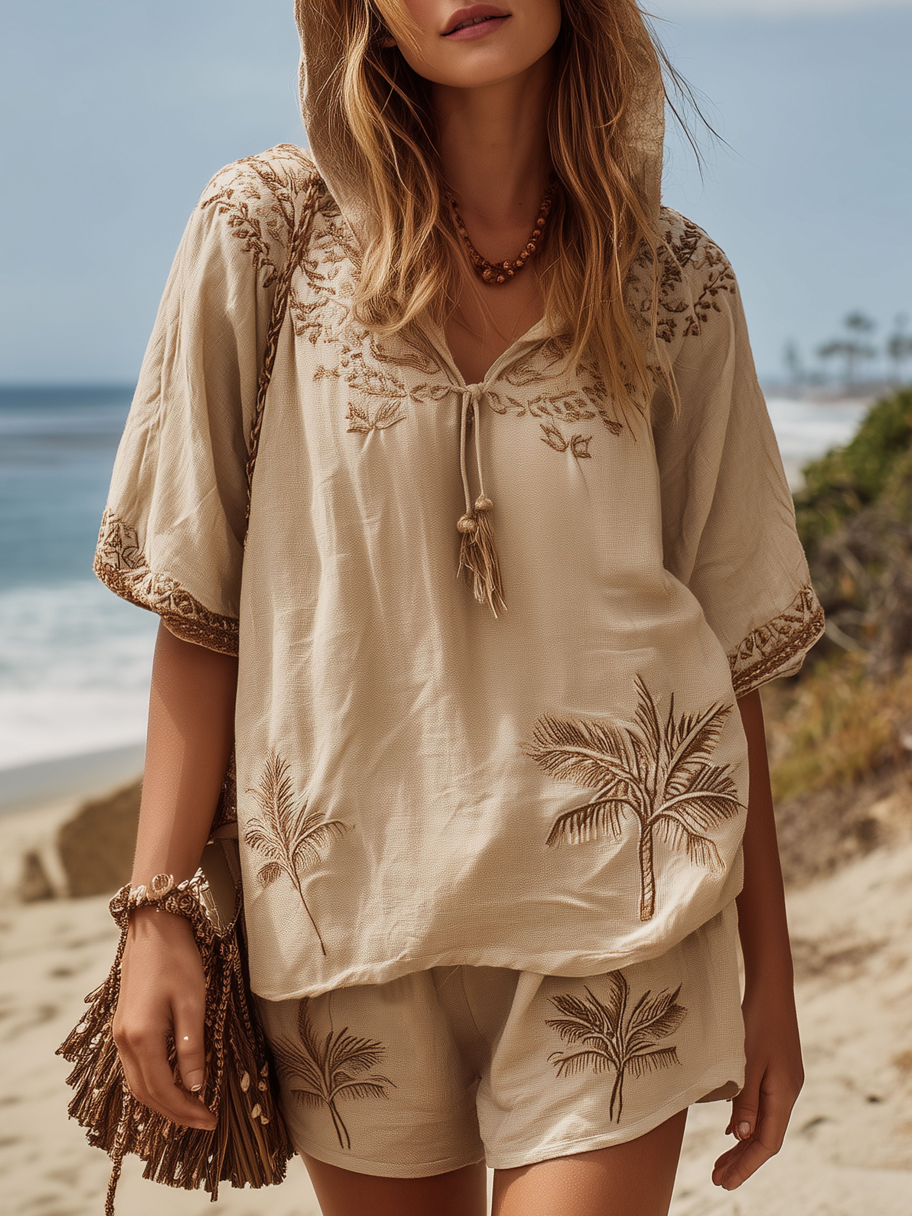 Resort-Style Cotton-Linen Hooded Khaki Mid-Sleeve Embroidered Shorts Set