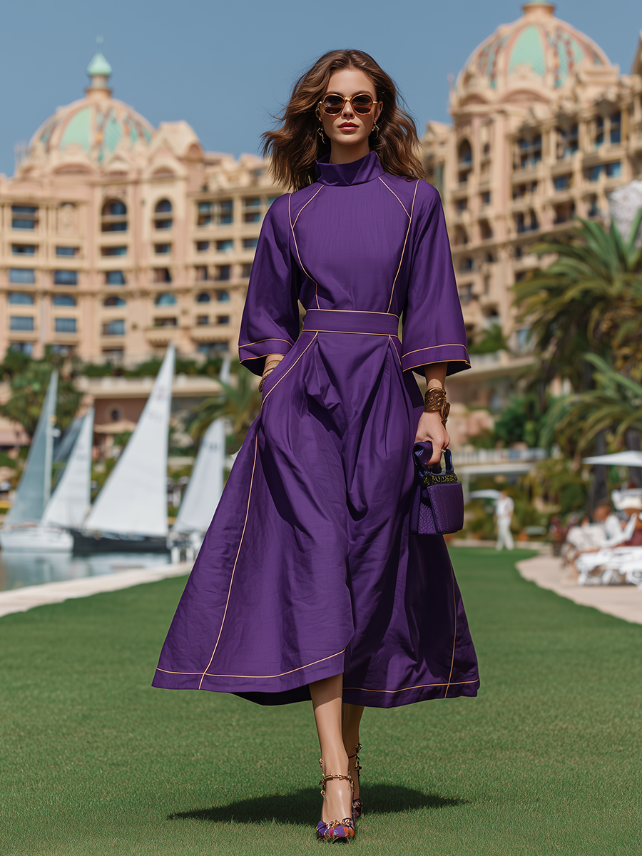 Vacation-style Purple High-neck Long-sleeved Midi Dress