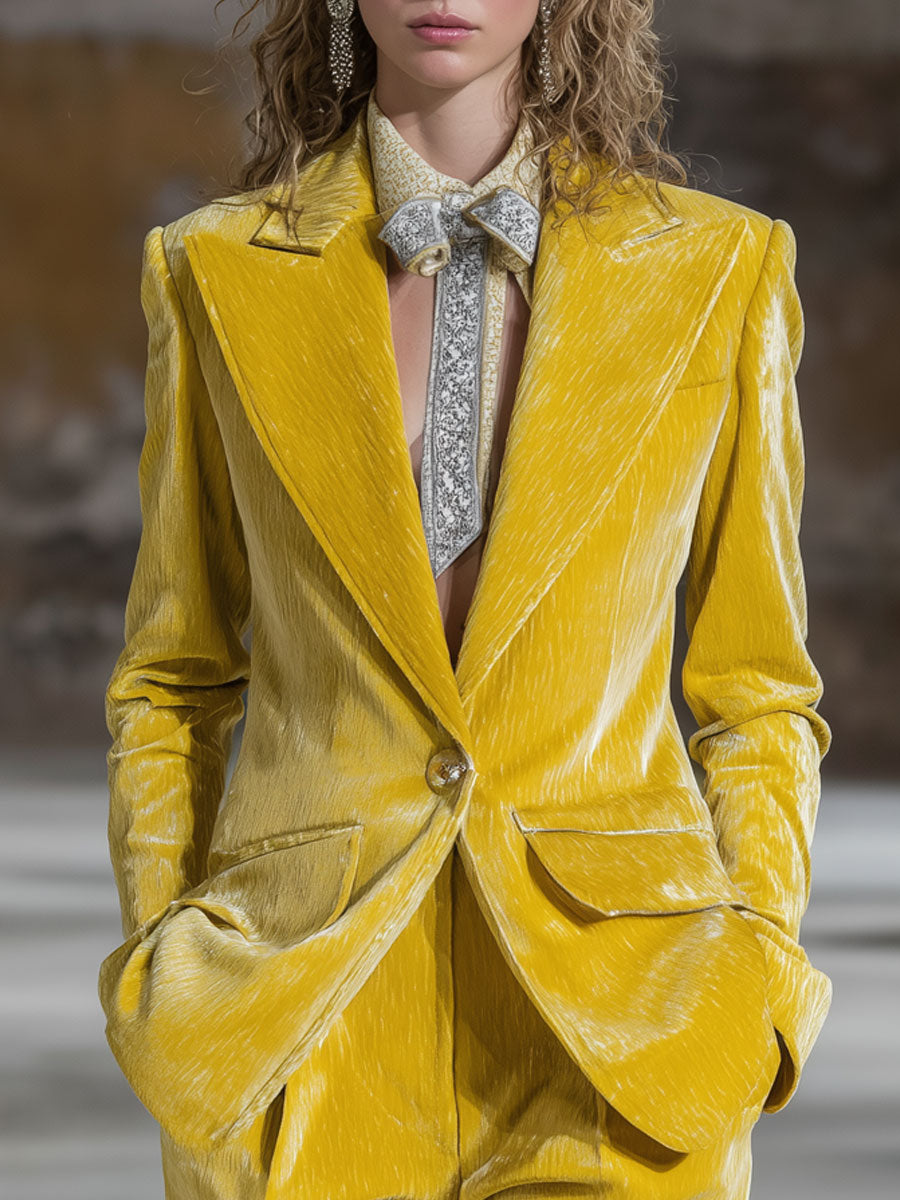 Casual Fashion Retro Yellow Velvet Blazer