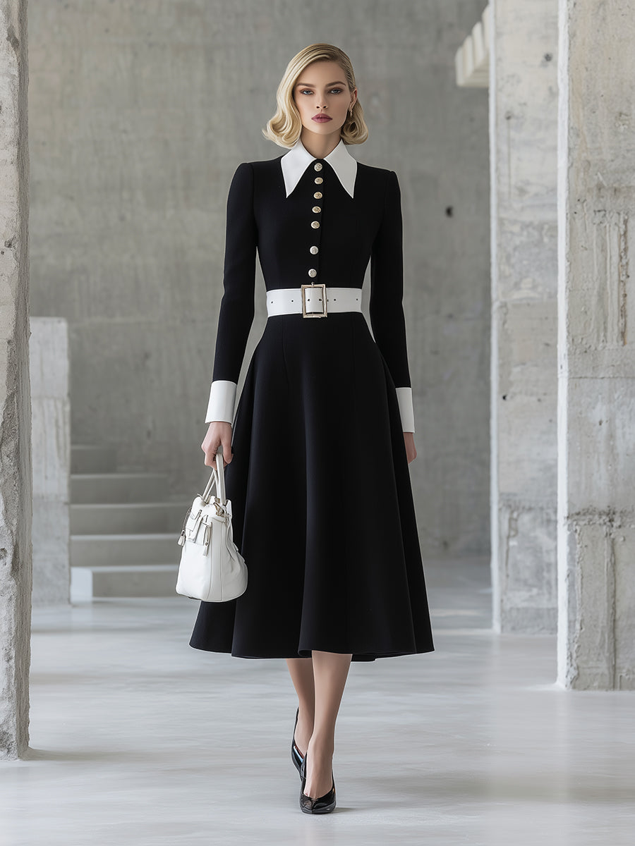 Black Contrast Button Flared Skirt Maxi Dress