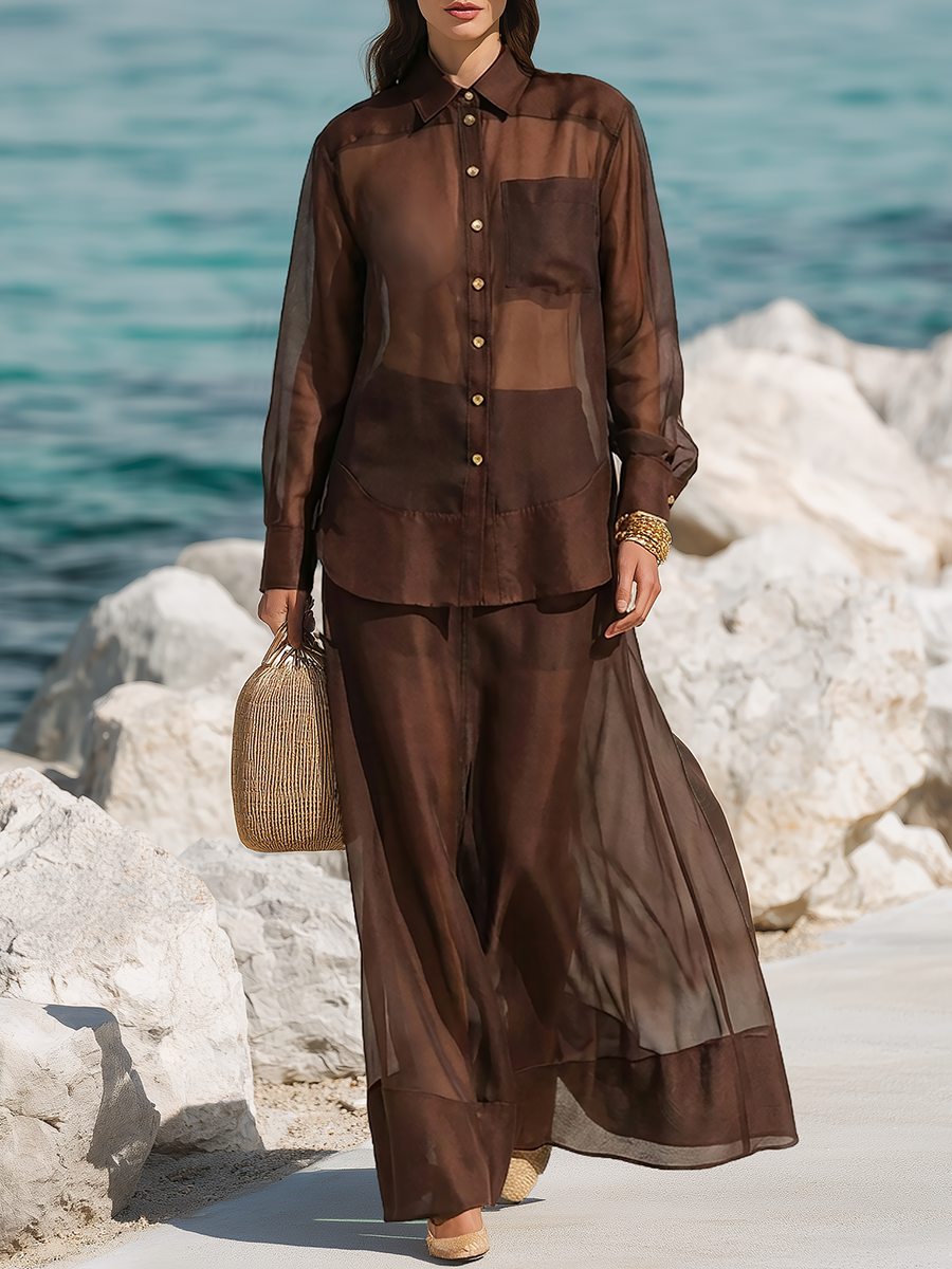 High-end Chic Dark Brown Faux Silk Sheer Shirt And Skirt Set