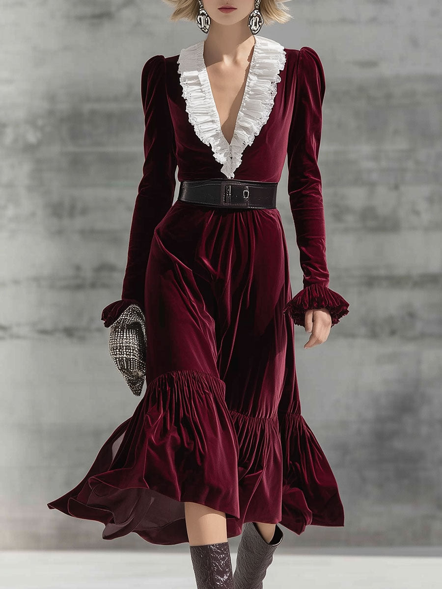 Fashion Retro Burgundy Velvet Dress