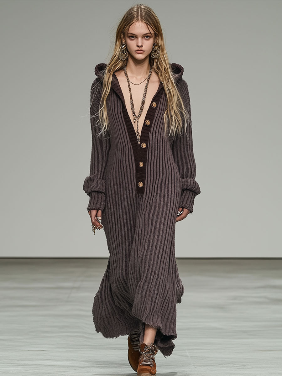 Casual And Fashionable Purple Woolen Striped Loose Maxi Dress