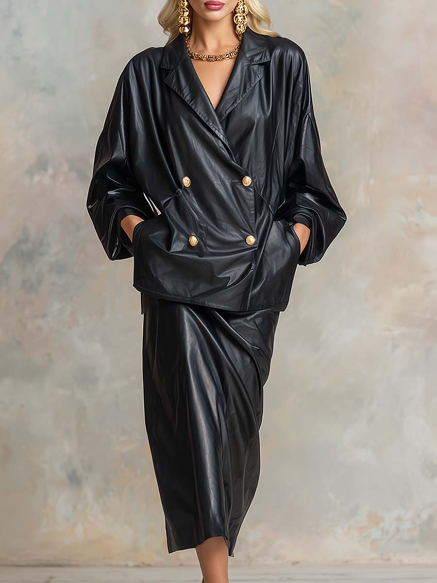 Casual And Fashionable Black PU Suit Skirt Loose Set