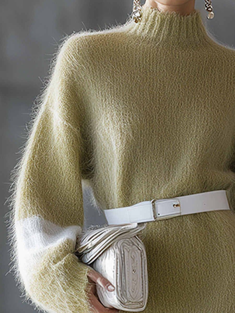 Fashionable Loose Retro Contrast Long Wool Knitted High Collar Mid-Length Dress