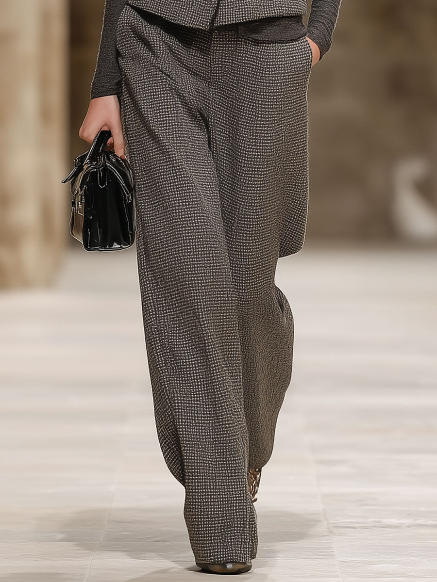 Retro Fashion Vest Wide-Leg Pants Gray Tweed Suit